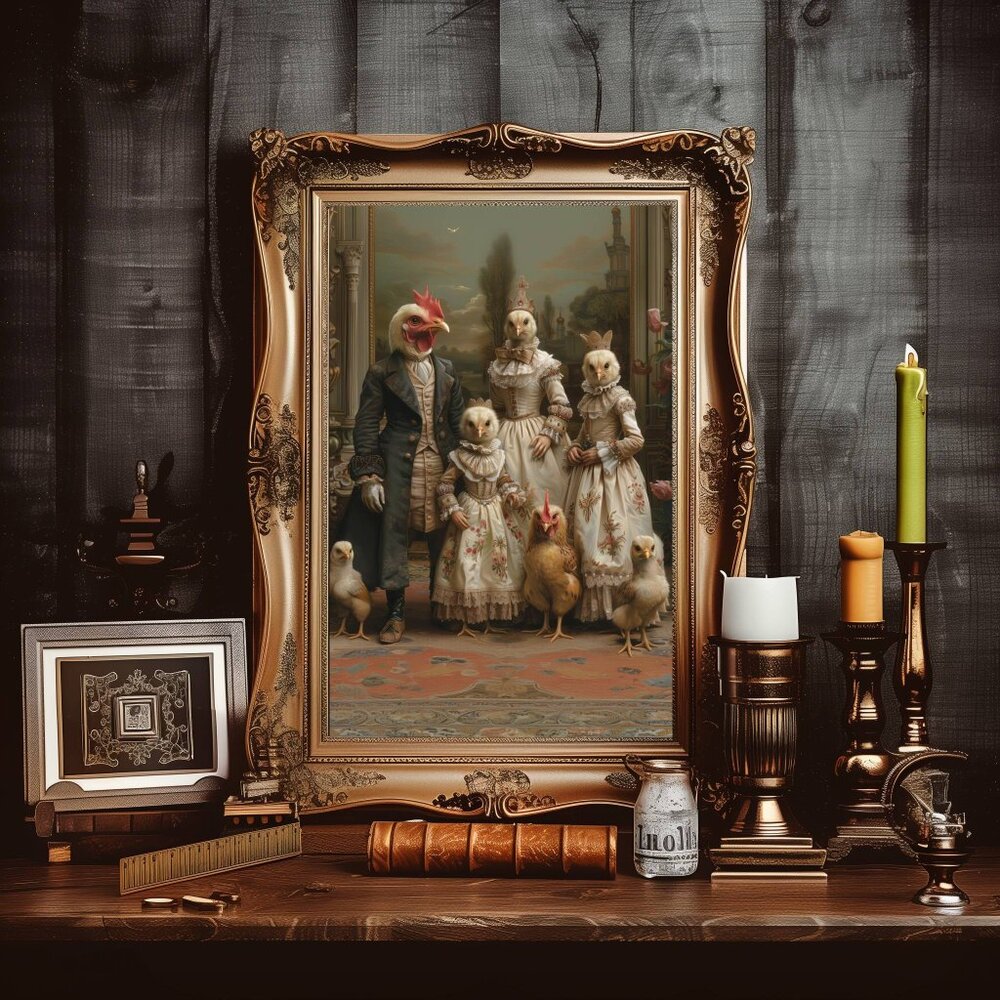 Victorian Chicken Art, Regal Animal Family, Dark Humor Art - Picture 2 of 4